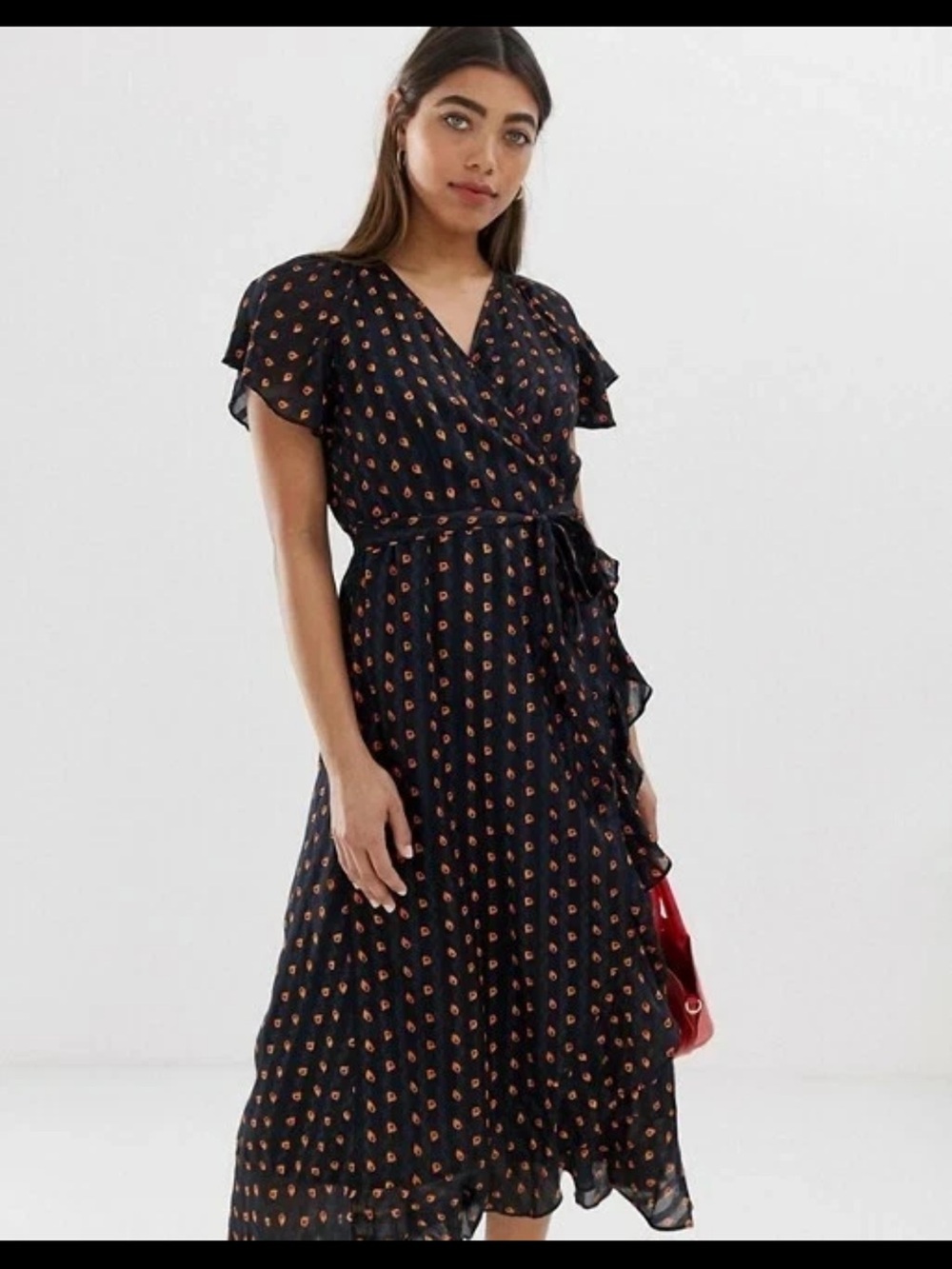 Whistles Black Wrap Midi Leaves Dress Navy and Orange 12